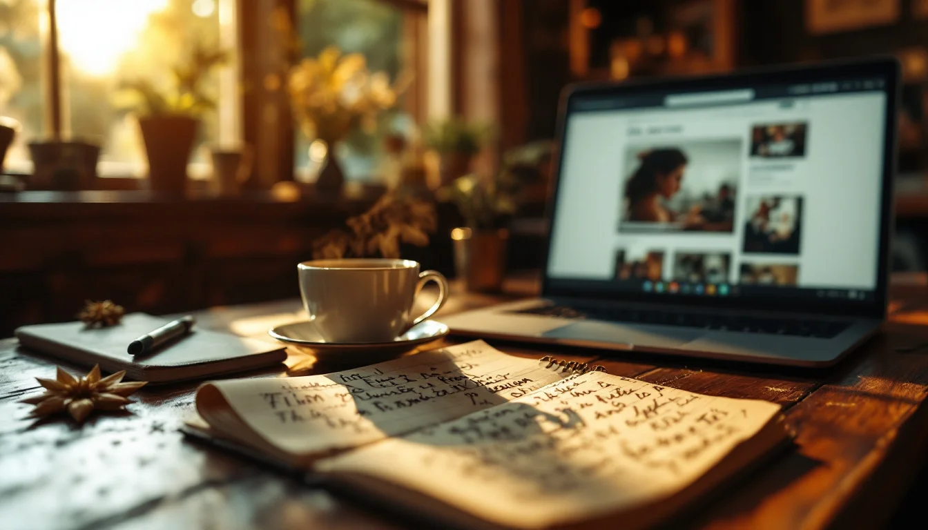 Best Movie Review Sites In The UK — A notepad with handwritten film notes and a British cup of tea beside an open laptop